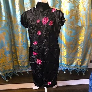vintage black satin mandarin Asian Midi dress